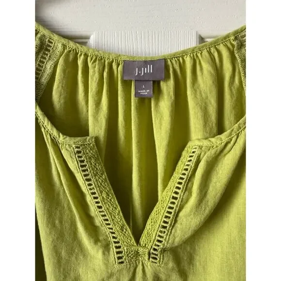 J. Jill Vintage Chartreuse Green Linen Blend Peasant Blouse Womens L Boho Top - Picture 3 of 7